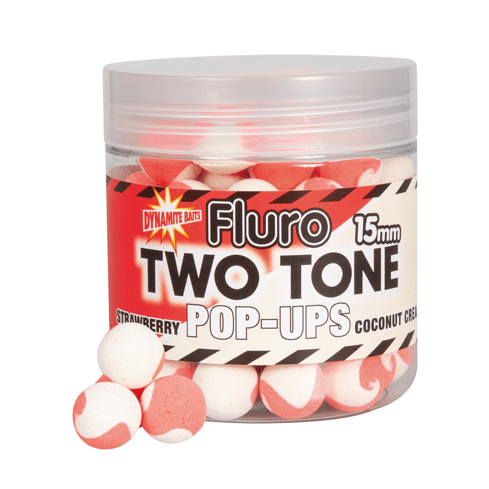 Dynamite Baits Fluro Two Tone Pop - Ups - 15mm - Strawberry & Coconut - KarperCentrale Dynamite Baits Fluro Two Tone Pop - Ups - 15mm - Strawberry & Coconut - KarperCentrale