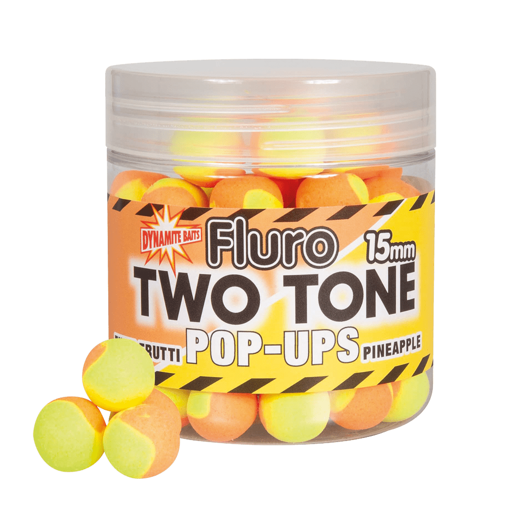 Dynamite Baits Fluro Two Tone Pop - Ups - 15mm - Tutti frutti & Pineapple - KarperCentrale Dynamite Baits Fluro Two Tone Pop - Ups - 15mm - Tutti frutti & Pineapple - KarperCentrale